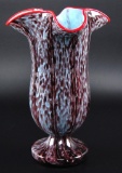 Antique Franz Welz Blue and Black Fluted Vase with Red Fire Polished Rim