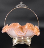 Antique Pink Opalescent Ruffled and Ribboned Edge Wedding Basket with Handpainted Gold and Floral