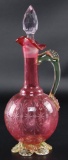 Antique Cranberry Etched Glass Footed Cruet with Stopper and Applied Handle