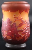 Signed Galle Tip Red Cameo Glass Vase with Floral Design