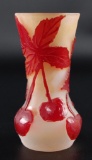 Signed Wolle Red Cameo Glass Vase with Cherry Design