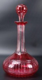 Antique Cranberry Cut to Clear Crystal Decanter with Stopper