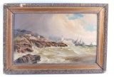 Antique, Signed Oil Painting on Board : Untitled - Lighthouse Port Scene