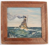 Framed Oil Painting of Tugboat Ship on the Sea