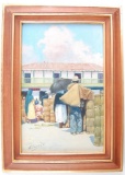 Oil Painting of Beach Market Scene by H Chaves C.