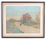 Antique Oil Painting of Lone Figure Walking Down the Road