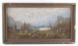 Antique Pastel of Glacier Lake Landscape signed 