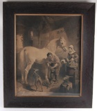 Antique Print of Blacksmith Shoeing a Horse in a Oak Frame