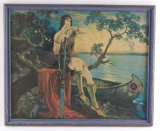 Antique Native American Indian Maiden and Canoe Print