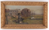 Antique Oil Painting of Mill Stream w/ornate Gilded Frame