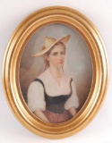 Antique Oil Painting of a Young Woman in Oval Gilded Frame