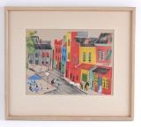 Original Colored Block Print - French Street Scene