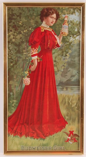 Antique Budweiser Girl Framed Advertisement