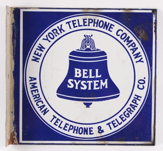 Vintage Bell System Double Sided Advertising Porcelain Flanged Sign