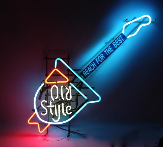 Vintage Old Style "Reach For The Best" Guitar Light Up Advertising Neon Beer Sign
