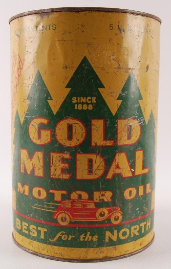 Vintage Gold Medal Motor Oil Advertising 5 Quart Oil Can