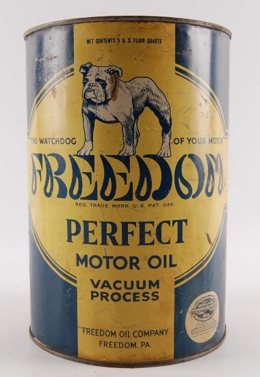 Vintage Freedom Perfect Motor Oil Advertising 5 Quart Oil Can