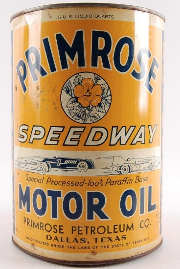 Vintage Primrose Speedway Motor Oil Advertising 5 Quart Oil Can