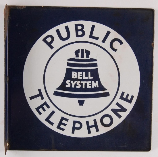Vintage Bell System "Public Telephone" Double Sided Advertising Porcelain Flanged Sign