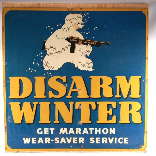 Vintage Marathon "Disarm Winter" Advertising Pressed Board Sign