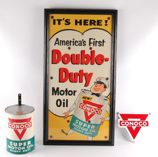 Vintage Conoco Advertising Grouping Featuring Cardboard Pole Sige, Motor Oil Can, and Porcelain Pump