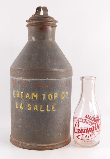 Vintage Cream Top Dairy Advertising Milk Bottle and 10 Quart Metal Can