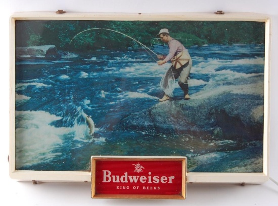 Vintage Budweiser Fly Fishing Light Up Advertising Beer Sign