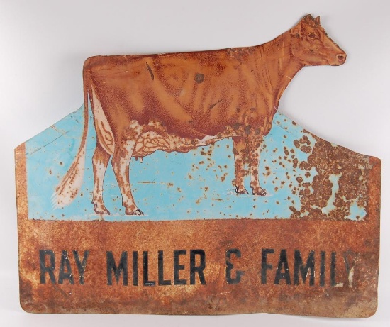 Vintage Ray Miller & Family Cut Metal Cow Sign