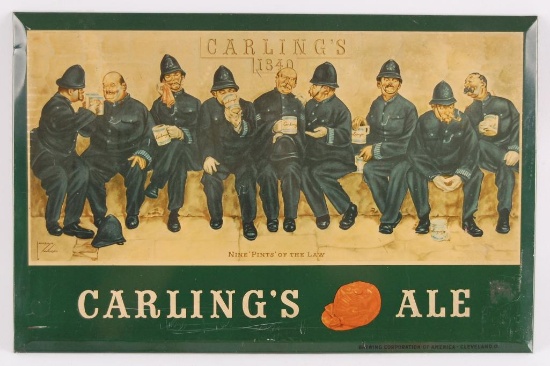 Vintage Carling's Ale "Nine Pints of the Law" Tin on Cardboard Advertising Beer Sign