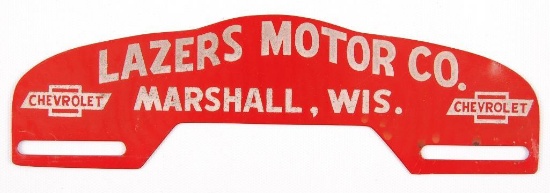 Vintage Lazer Motor Co. Marshall, Wis. Chevrolet Advertising Metal License Plate Topper