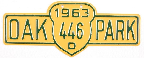 Vintage 1963 Oak Park Metal License Plate
