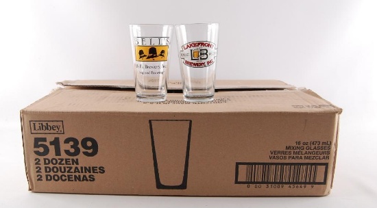 Full Box of Bells and Lakefront Brewery Advertising Beer Glasses