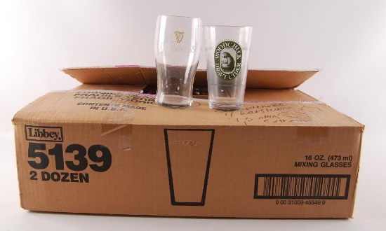 Full Box of Guinness, Wood Chuck, and Warsteiner Advertising Beer Glasses