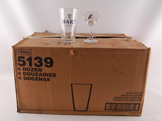 Full Box of Harp, Fris, and Other Advertising Glasses