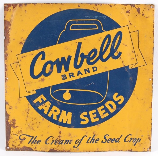 Vintage Cowbell Brand Farm Seeds Advertising Tin Tacker