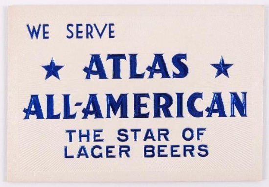 Vintage "We Serve Atlas All-American" Cardboard Advertising Counter Top Beer Sign