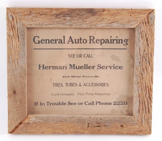 Vintage Herman Mueller Service Feneral Auto Repairing Framed Cardboard Advertisement