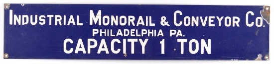 Vintage Industrial Monorail & Conveyor Co. Philadelphia Pa. Advertising Porcelain Sign