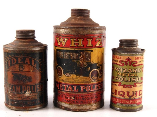 Group of 3 Whiz and Ideal Metal Polish Advertising Cans
