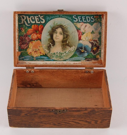 Antique Rice's Seeds Advertising Oak Box