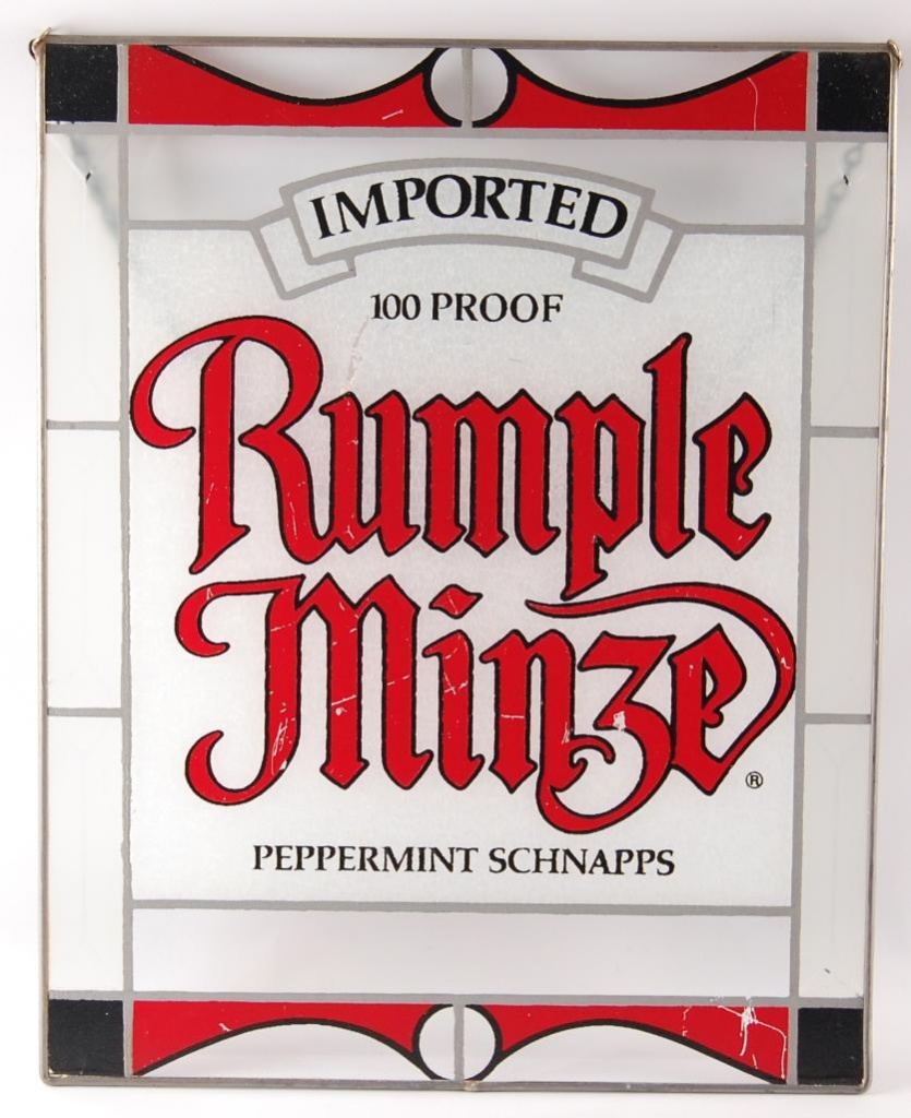 Rumple Minze Peppermint Schnapps Advertising Glass Sign Art Antiques Collectibles Collectibles Advertising Online Auctions Proxibid