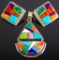 Sterling Silver Multi-Color Inlay Pendant + Earrings