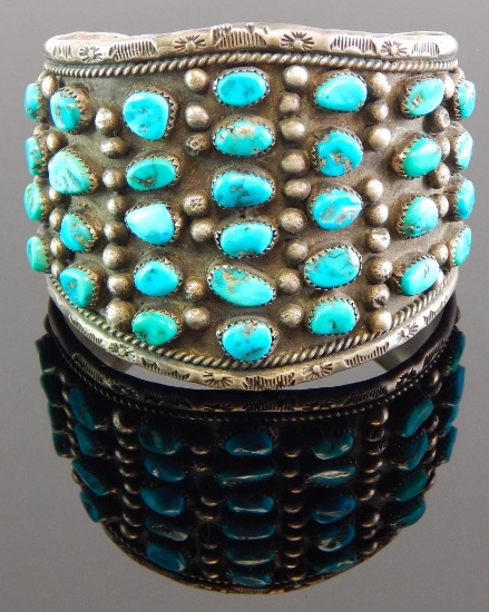 Vintage Sterling Silver & Turquoise Cabochon Cuff Bracelet