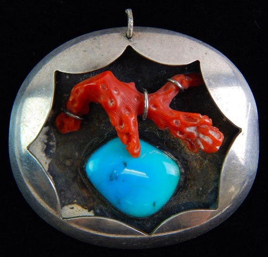 Turquoise & Branch Coral Sterling Silver Pendant