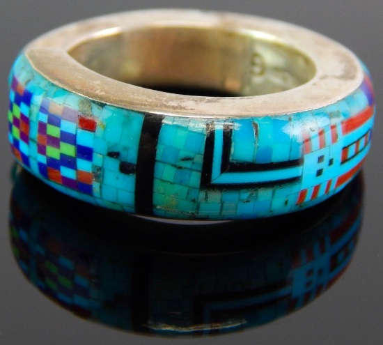 Navajo Sterling Silver Micro Mosaic Inlay Yei Ring