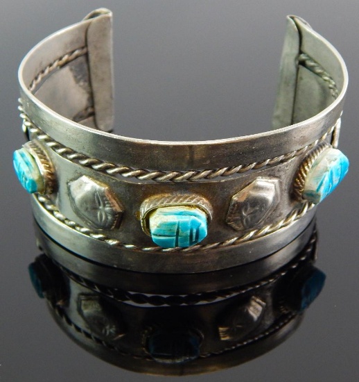 Nickel Silver & Turquoise Scarab Beetle Cuff Bracelet