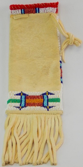 Native American Hand Beaded Leather Drawstring Pipe Bag