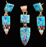 Chester Nez & James Mason Navajo Sterling Silver Micro Inlay Pendant & Earrings Set