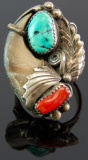 Navajo Sterling Silver Coral & Turquoise Bear Claw Men's Ring