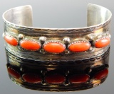 Sterling Silver & Coral Stone Cuff Bracelet